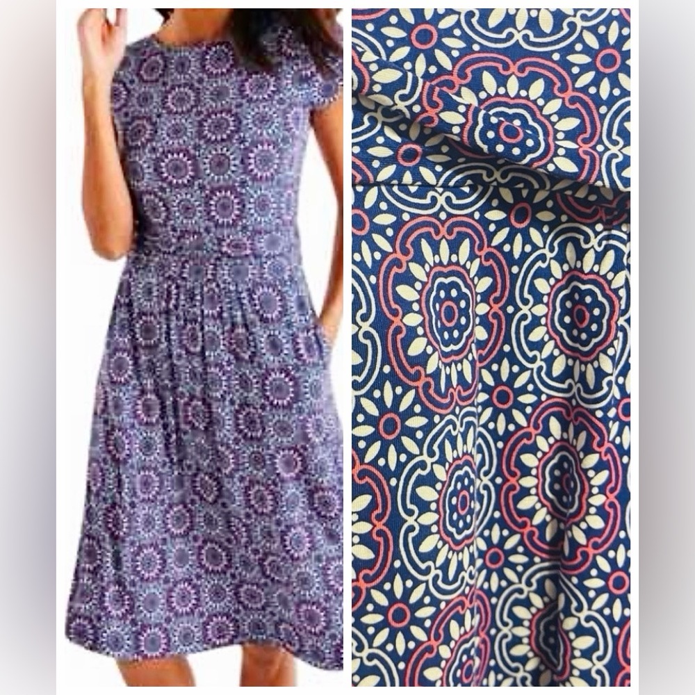 Boden Amelie Navy Blue Floral-Print Midi Dress with Pink and Cream Accents